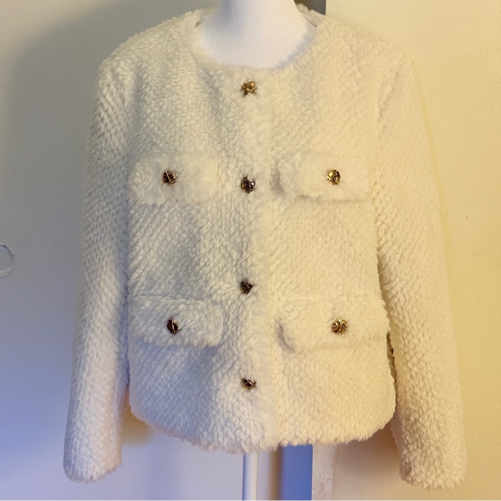 Lancy Chic White Faux Fur Women's Jacket with Vintage Gold Button Accents